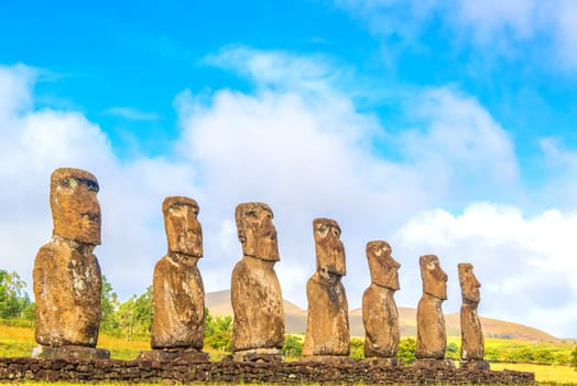 Sevens Moai statues at Ahu Akivi on Easter Island, Chile