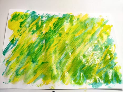 Background made of an abstract painting with waves and wavy lines in yellow and green colors. Texture, pattern, frame, copy space