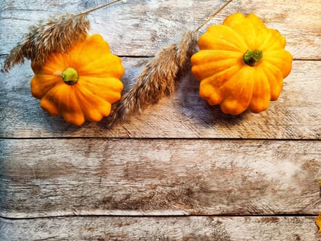 Yellow pattison on wooden boards of the table. Healthy Delicious Beautiful Vegetable in autumn. Abstract Background, texture, frame, place for text and copy space