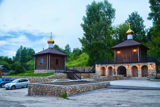 Beautiful old Orthodox church painted with with domes and towers against the sky. Beautiful historic temple