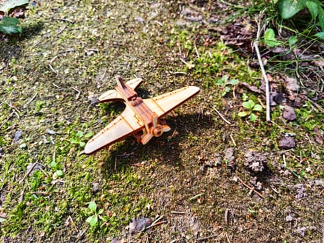 Vintage toy wooden airplane in nature. Private adventure traveling by flight. Aircraft for nature protection, eco friendly, fire extinguishing, rescue of victims. Plane crash and breakdown