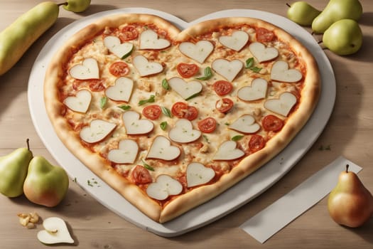 Italian Pizza with pear and gorgonzola in the shape of a heart and a pizza knife
