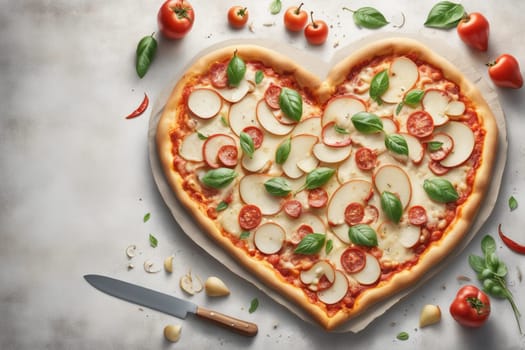 Italian Pizza with pear and gorgonzola in the shape of a heart and a pizza knife