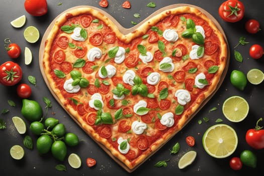 Italian Neapolitan pizza in the shape of a heart on a table in a restaurant. Close-up and top view. Valentine's Day concept