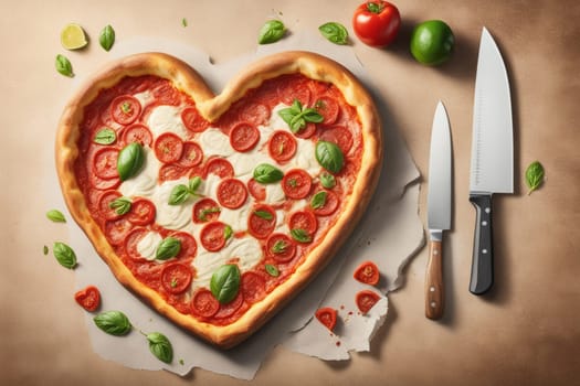 Italian heart-shaped margarita pizza on the table. Close-up and top view. Valentine's Day concept