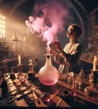 artisan perfume potion maker pharmacist preparing product in medieval steampunk laboratory generative ai art