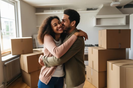 Young happy couple in room with moving boxes at new home. AI Generated
