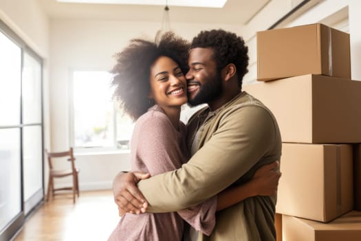 Young happy couple in room with moving boxes at new home. AI Generated