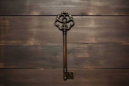 vintage Iron cast rusty old key on wooden background. AI Generated