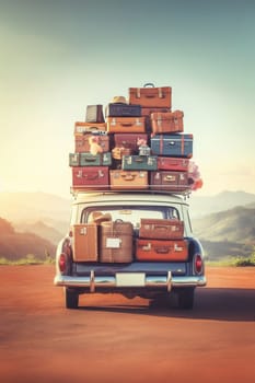 huge load luggage on roof vintage 70s 80s vintage retro station wagon Vacation travel move road fun generated ai art