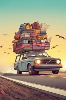 huge load luggage on roof vintage 70s 80s vintage retro station wagon Vacation travel move road fun generated ai art