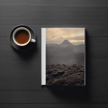 white book mockup on black background with decorations. AI Generated