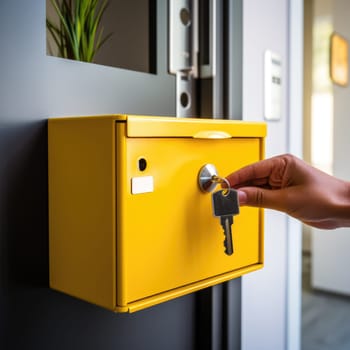 Woman's hand open the mail box with the key in front of house. Use the key to open the mailbox. AI Generated