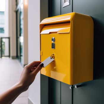 Woman's hand open the mail box with the key in front of house. Use the key to open the mailbox. AI Generated