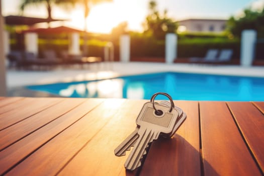 keys on wooden table by the pool, new house in the background. AI Generated