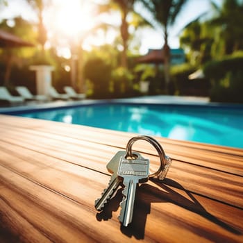 keys on wooden table by the pool, new house in the background. AI Generated