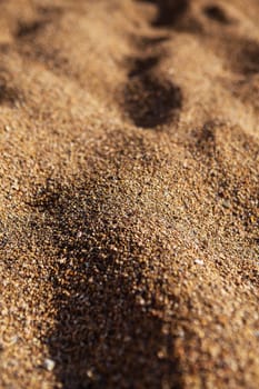 The texture of sand and small pebbles close up. Sun shadows, warm light