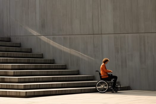 man in wheelchair beside staircase having no possibility to enter building without ramp, outdoors.