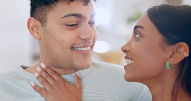 Face, love and commitment with a couple closeup in their apartment together for care, romance or bonding. Relax, support or trust with a happy young man and woman in their home on the weekend.