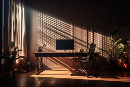 Desk with computer and chair in a room with potted plants. Beautiful shadow on the wooden wall. Remote work concept. Generated by artificial intelligence