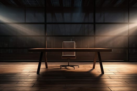 Wooden desk with chair in an empty room. Beautiful shadow on the wall. Remote work concept.