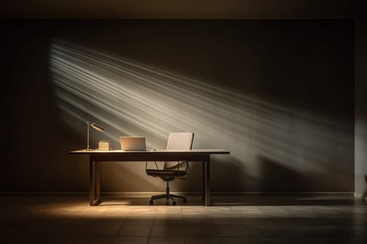 Desk with computer and chair in an empty room. Beautiful shadow on the wall. Remote work concept. Generated by artificial intelligence