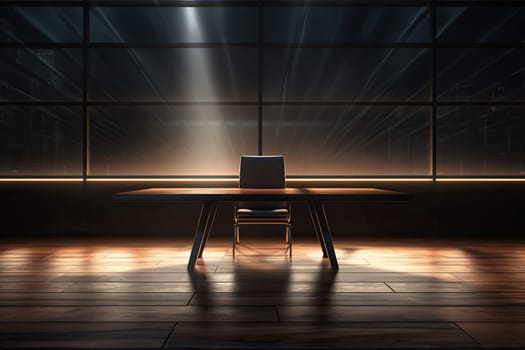 Wooden desk with chair in an empty room. Beautiful shadow on the wall. Remote work concept.