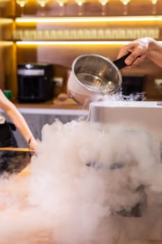 smoke vapor dry ice in bowl in the kitchen