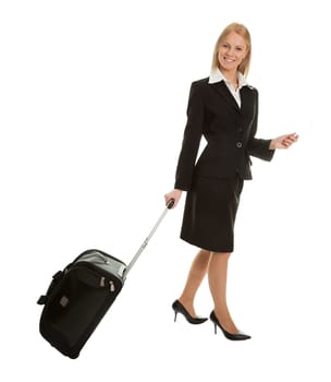 Cheerful businesswomen with travel bag. Isoalted on white