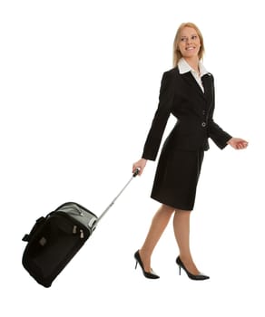 Cheerful businesswomen with travel bag. Isoalted on white