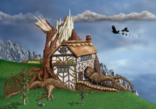 Magical thatched cottage invaded by an ancient tree