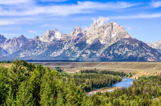 Grand Teton mountains scenic view with Snake river, Wyoming, USA