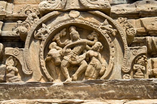 Sculptural panel of dancing Shiva with Parvathi and Nandi at Pattadakal, District Bagalkot, Karnataka, India, Asia