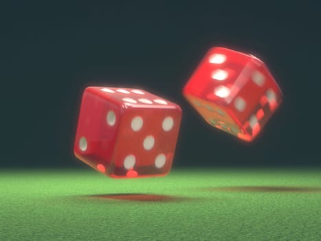 Two red dice thrown on green table.