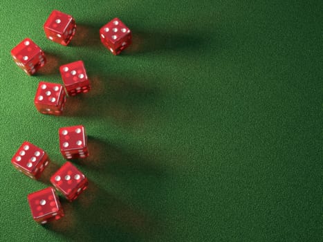 Red dice on green table. Your text on the empty space. Clipping path included.
