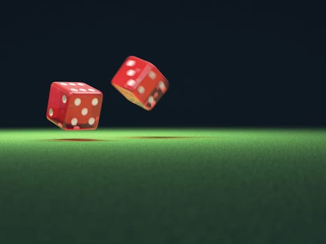 Two red dice thrown on green table. Your text on the empty space.