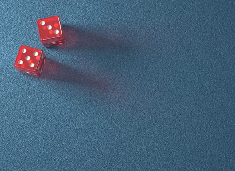 Red dice on blue table. Your text on the empty space. Clipping path included.