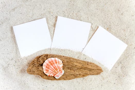 Three empty instant pictures lie on the sandy beach