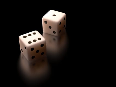 Two dice on black reflective background. Clipping path included.