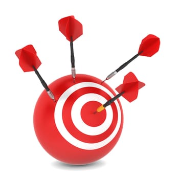 Dart hits aim. 3d illustration on white background