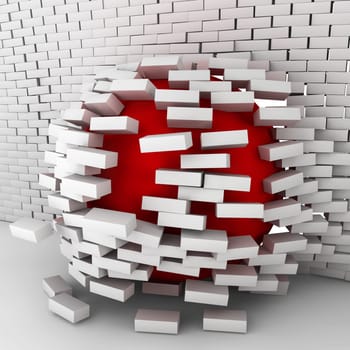Red ball moving through brick wall. 3d illustration
