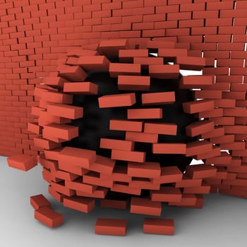 Black ball moving through brick wall. 3d illustration