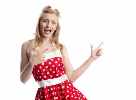 a woman in rockabilly style shows with her fingers