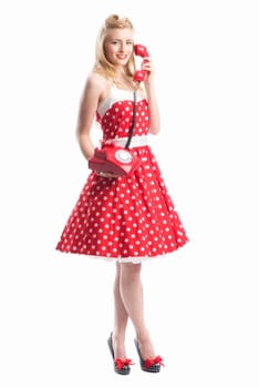 a rockabilly girl on the phone with a red phone