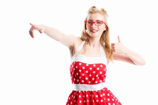 a woman in summer dress is happy and cheering