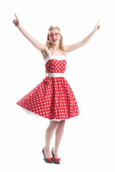 a woman in summer dress is happy and cheering