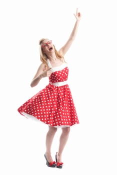 a woman in summer dress is happy and cheering