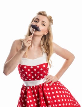 a woman in pin up style licks at a beard lollipop