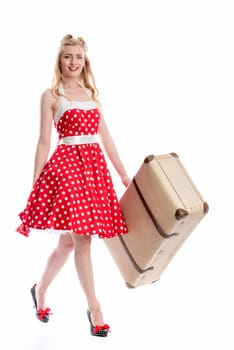 a woman with suitcase in a red dress with points