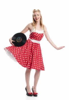 a woman in rockabilly style holds records as advertising space